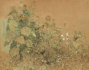 Paul Baum, Gartenstuck mit grober und kleineren Sonnenblumen, Malven und anderen Blumen